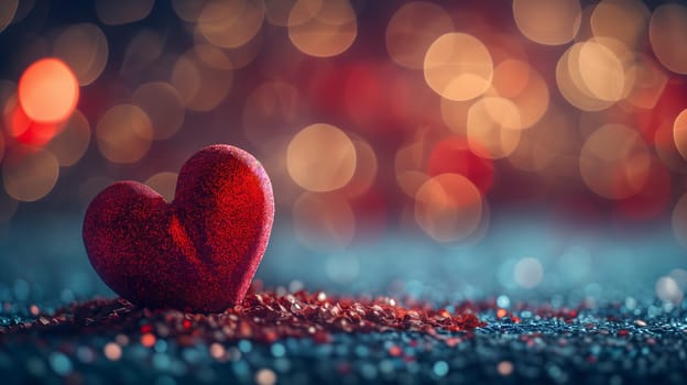 Red heart on table with selective focus and bokeh background for valentine day greeting card. Neural network generated image. Not based on any actual person or scene.