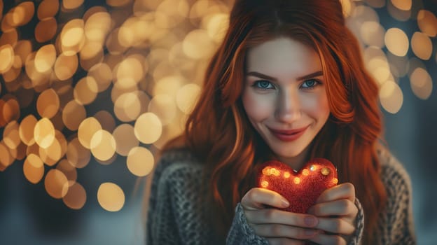 Beautiful redhead young adult woman with gift for Valentines Day with bokeh at background. Neural network generated image. Not based on any actual person or scene.