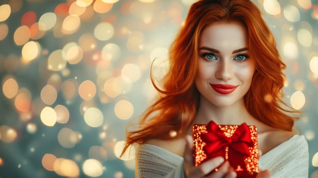 Beautiful redhead young adult woman with gift for Valentines Day with bokeh at background. Neural network generated image. Not based on any actual person or scene.