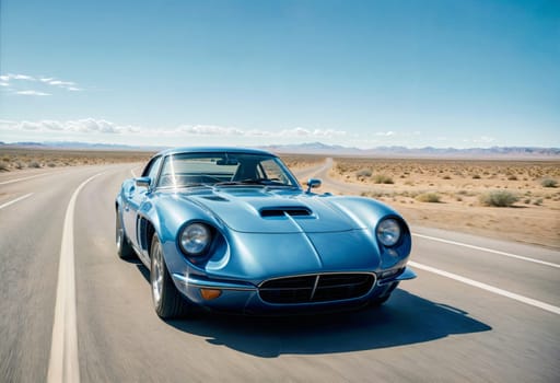 AI generated of a blue sports car with the hood up is driving down a desert road