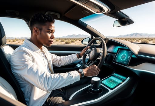 AI generated of a man driving a car with a screen on the dashboard