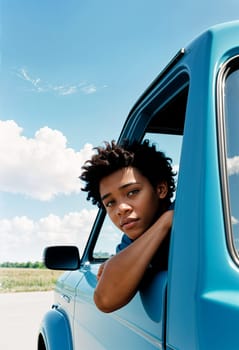 AI generated of a young boy with curly hair sits in truck and leaning out of a blue truck window