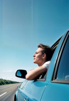 AI generated of a man is looking out the window of a car with his head and arm outside the window