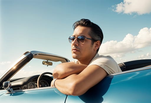 AI generated of a man in sunglasses sitting in a convertible car with his arms crossed