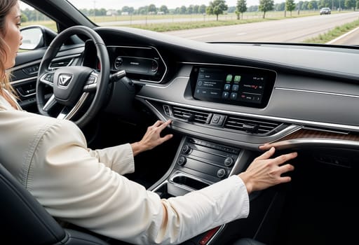 AI generated of the woman is driving and adjusting air conditioning panel on her car