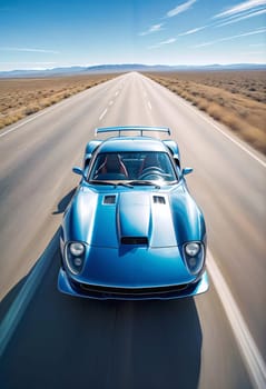 AI generated of the blue sports car is driving down the road with a mountain in the background