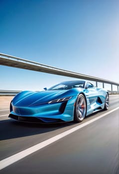 AI generated of the new blue supercar is driving on the highway