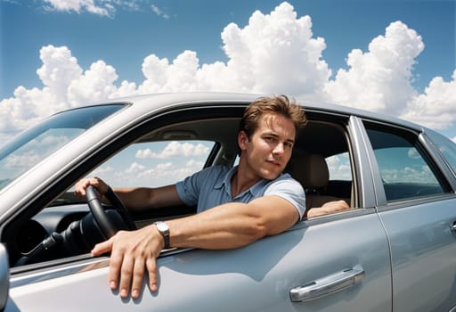 AI generated of a man is sitting in the driver's seat of a car with his arm out the window