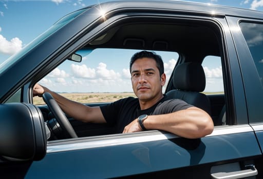 AI generated of a man is sitting in the driver's seat of a car with window opened and his elbow outside