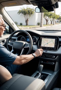 AI generated of a man is driving a car with a digital tablet on the dashboard