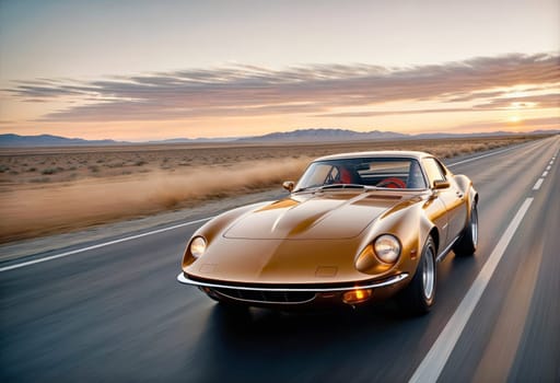 AI generated of a golden sport car is driving down the road with a sunset in the background