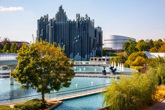 Poitiers, France - September 22, 2010: Aquascope and Magic Carpet buildings at Futuroscope, science and technology theme park in Poitiers, France