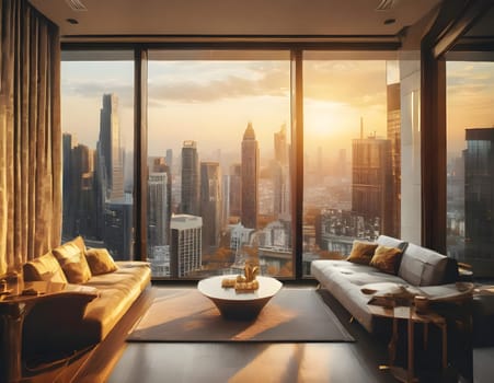 Lobby area of a hotel which can see cityscape at night, comfortable sofa unit in front of panoramic view windows overlooking the cityscape with outdoor