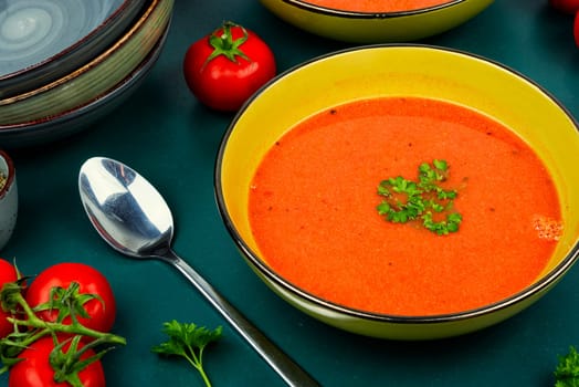 Dietary cream soup of fresh tomatoes. Traditional vegetarian dish