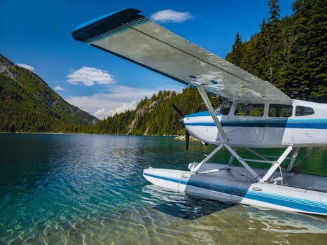 Seaplane on Lake Loverley in the Rocky Mountains in British Columbia, Western Canada.