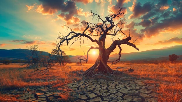Old dry tree on a dry cracked field on epic look sunset. Concept image of global warming. AI generated