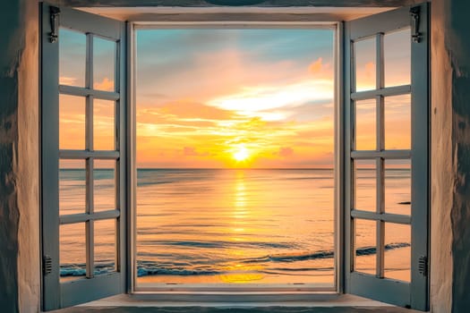 View from a room at sea during sunset through an open window. AI generated