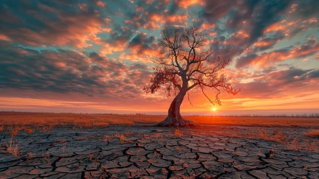 Old tree on a dry cracked field on epic look sunset. Concept image of global warming. AI generated