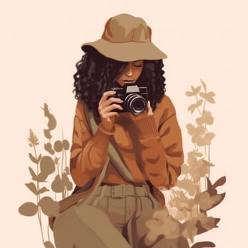 Illustration of a woman in a hat, deeply focused on taking a photograph in a natural setting. AI-generated.
