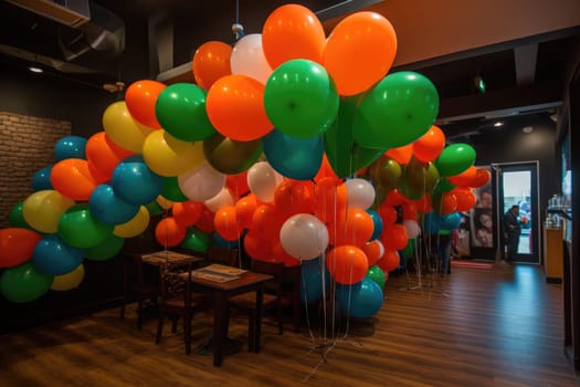 a room filled with colorful balloons in orange, green, and white.