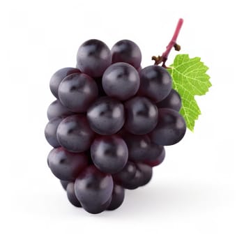Close-up of a bunch of fresh black grapes with a single green leaf on a white background.