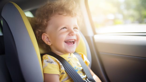 A cheerful baby sits in a car seat, fastened with a seat belt, inside a car.Preventing danger. concept of safe travel and protecting life