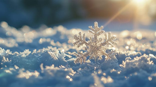 A detailed close-up of a single snowflake resting on a snowy surface, illuminated by soft sunlight.copy space
