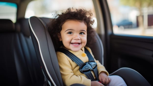 A cheerful baby with curly hair sits in a car seat, fastened with a seat belt, inside a car.Preventing danger. concept of safe travel and protecting life
