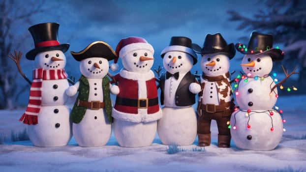 A lineup of snowmen dressed as different characters, including a pirate and a cowboy, under a starry night sky. AI-generated.