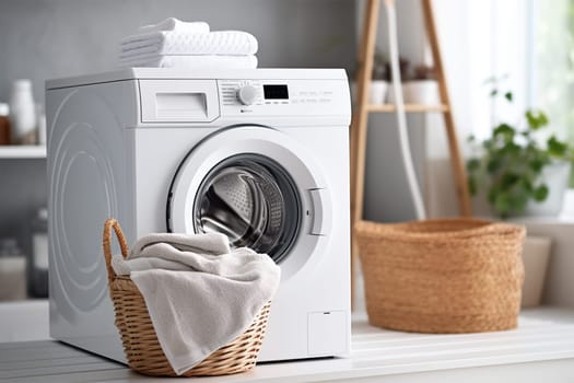 Contemporary washing machine in a bright laundry room with a wicker basket for towels and linens, creating a clean and organized atmosphere.
