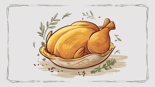 Classic Roast Turkey Illustration. A beautifully illustrated roast turkey on a platter, garnished with herbs, ideal for festive themes,Holiday cards, recipe books,