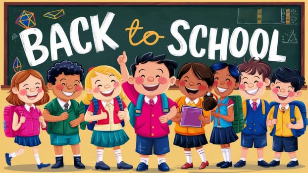 Colorful illustration of diverse, happy children in school uniforms celebrating Back to School with a chalkboard background.
