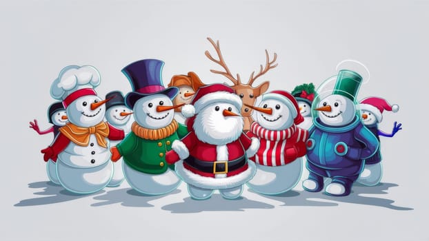Colorful illustration of Santa Claus surrounded by diverse snowmen, all smiling, against a clear background. Copy space.