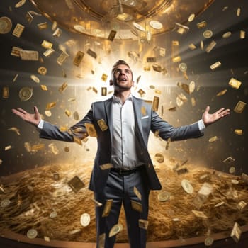 a man is in a room full of gold coins. He spreads his arms accepting this wealth. luck and success concept.