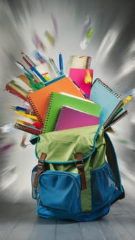 A blue backpack dynamically unleashing an array of school supplies, capturing the excitement of a new school year.