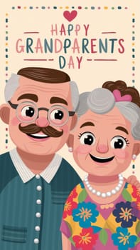 A charming greeting card celebrating Grandparents Day, featuring cartoon illustrations of a joyful elderly couple.