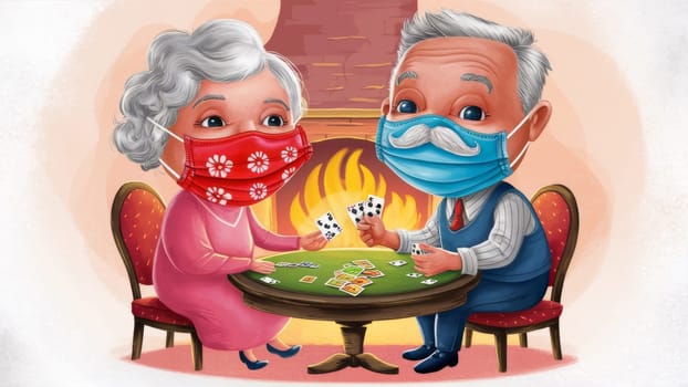 Illustration of an elderly couple playing cards by the fireplace while wearing masks