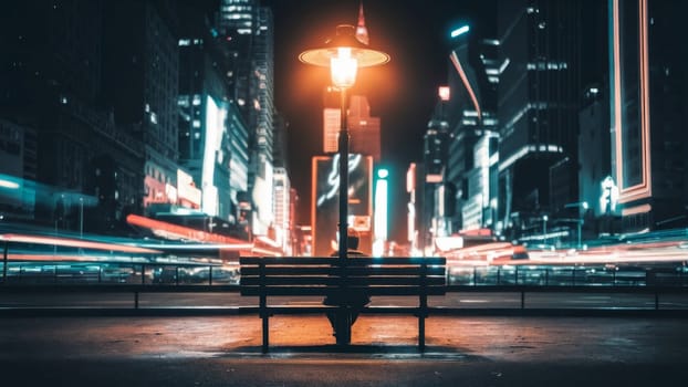 Breathtaking night scene: Lonely man on a bench under a street lamp against the backdrop of bustling city lights. concept of loneliness