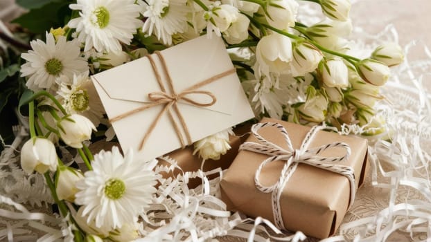 Beautifully decorated wedding gifts surrounded by white flowers, an elegant and festive atmosphere.