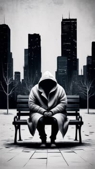 Loneliness in the big city. A powerful monochrome image of a lonely figure sitting on a bench in a city park, radiating a sense of isolation.