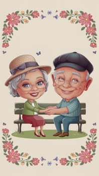A cheerful illustration of an elderly couple sitting on a bench, holding hands and smiling, framed by floral decorations.