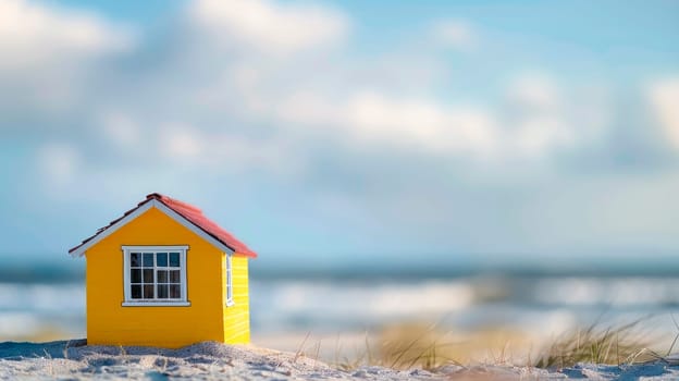 A little yellow house model on the beach. Dream life concept. AI generated