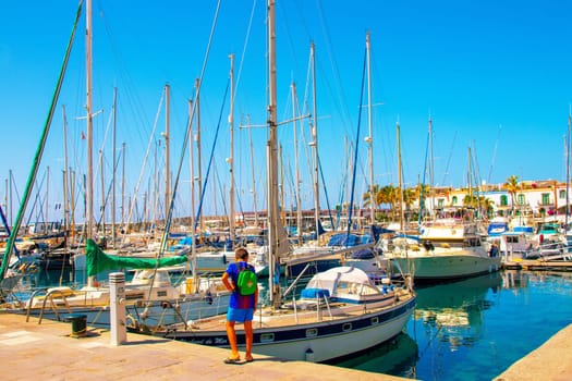 Gran Canaria, Spain, Sep 16, 2018. Puerto de Mogan, also called little Venice, with a small fishing harbour, romantic alleys and beautiful architecture. Popular town with shopping facilities, restaurants and pubs.