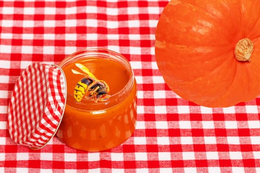 Hornet or bee nibbles on an open jar of homemade pumpkin jam.