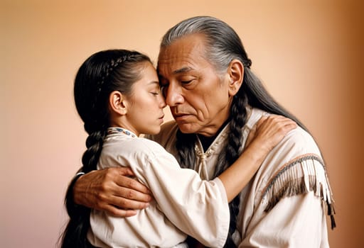 AI generated of a grand father and grand daughter in native american cloth are huging each other