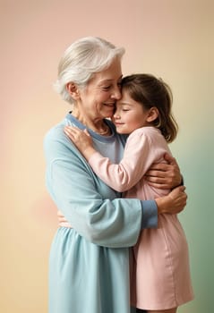 AI generated of grandmother hugging granddaughter on colorful background