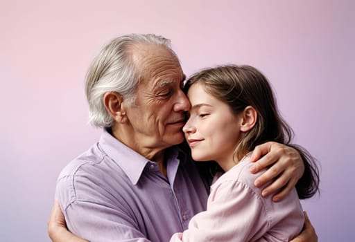 AI generated of a grandfather and a grandchild hugging each other on a soft pastel background