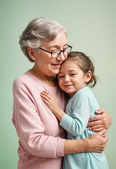 AI generated of grand mother hugging her grand daughter on a soft pastel green studio background