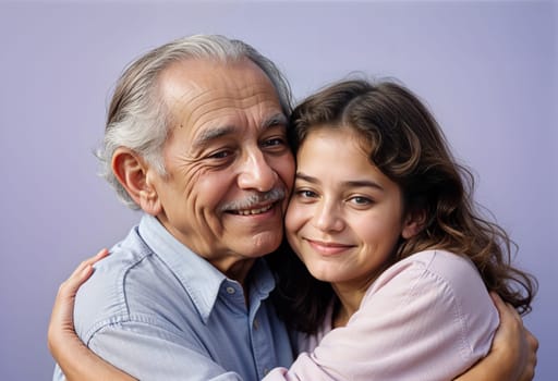 AI generated of a grand father and grand daughter hugging each other and smiling on a soft pastel lavender background