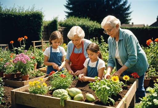AI generated of grandmothers and grandchildren are working in a garden
